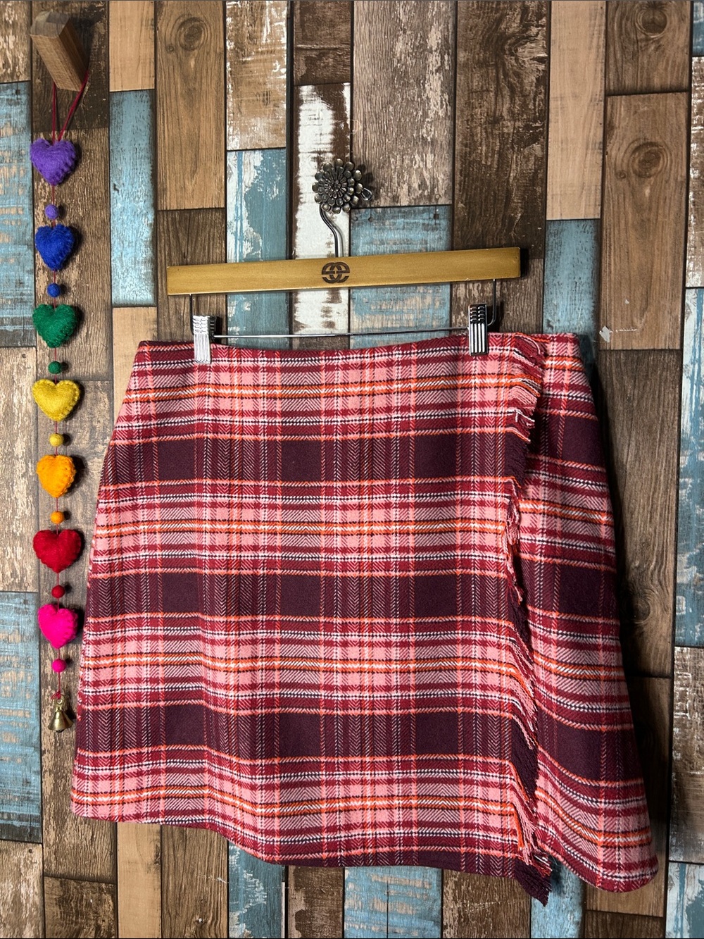 St. John's Bay Burgundy and Pink Plaid A-Line fringe  Skirt